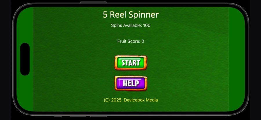 5 Reel Spinner title screen showing spins available and fruit score