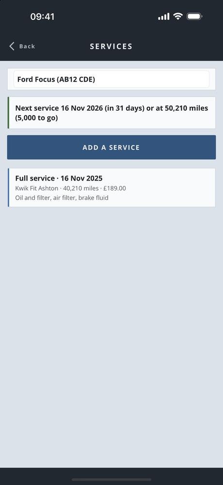 The services screen in Car Portfolio