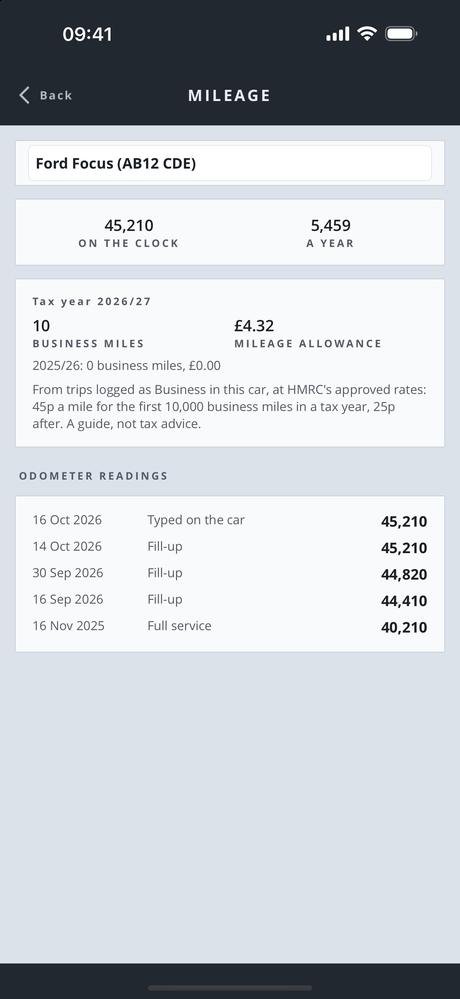 The mileage screen in Car Portfolio