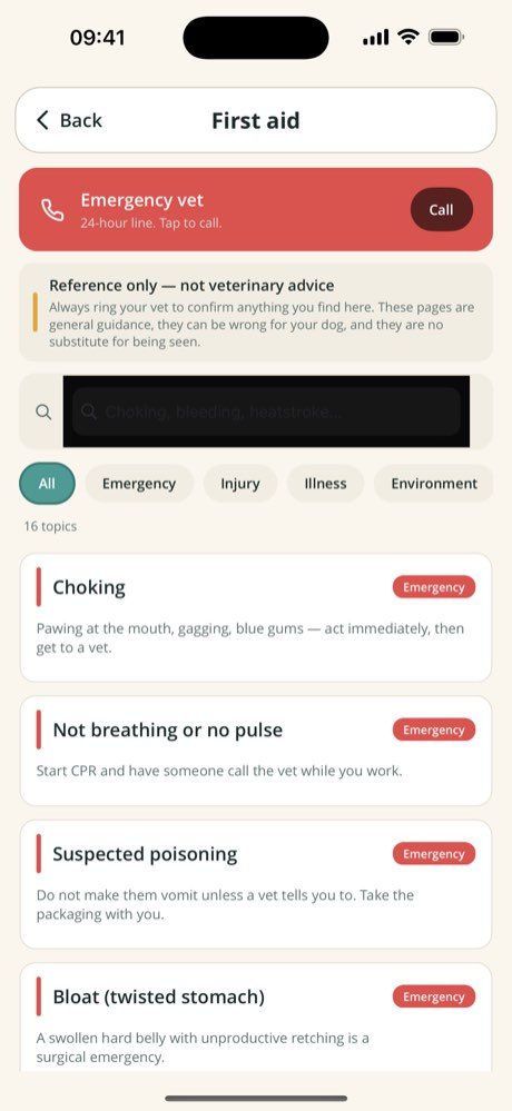 First aid library with category chips
