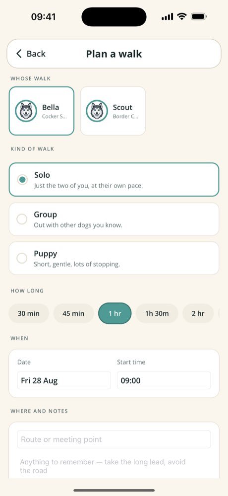 Planning a walk, choosing the dog and the type
