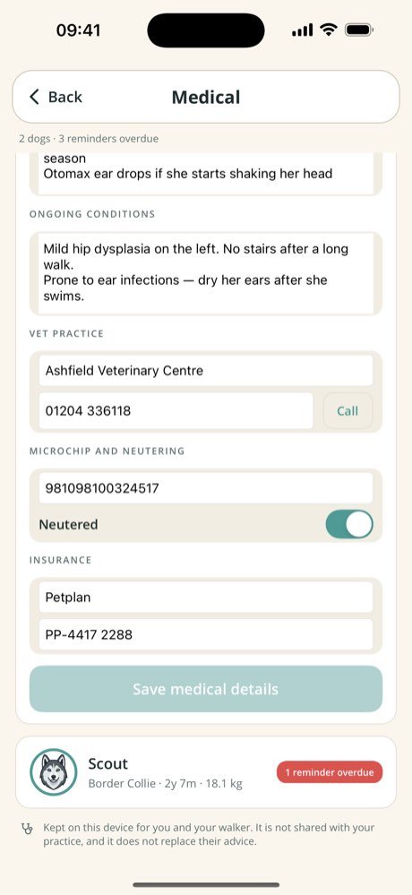 Medical record showing conditions and the vet practice