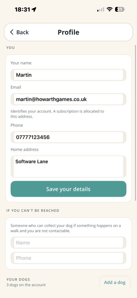 Profile screen with owner details and an emergency contact