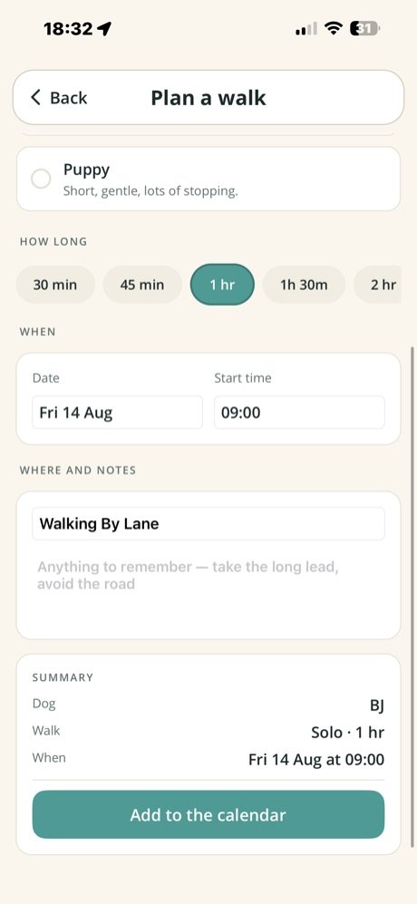Planning form with date, start time, location, notes and a summary