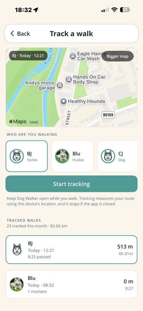 Track a walk screen with a map and a list of dogs to select