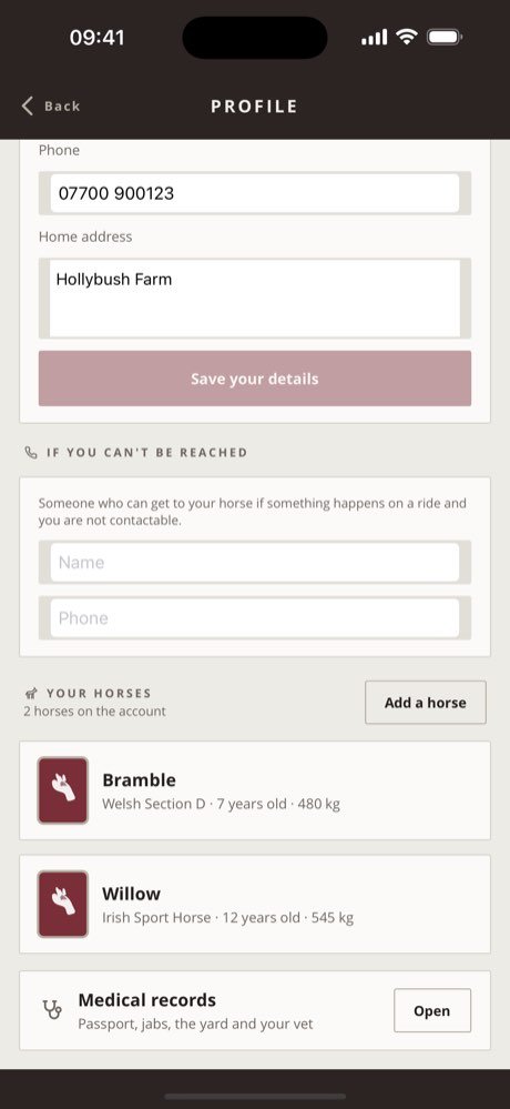 Profile screen listing two horses