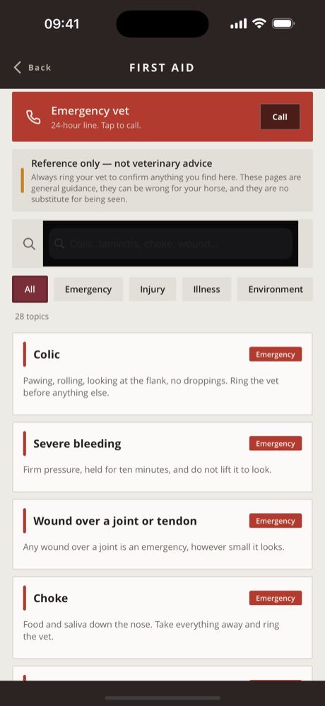 First aid library with category chips
