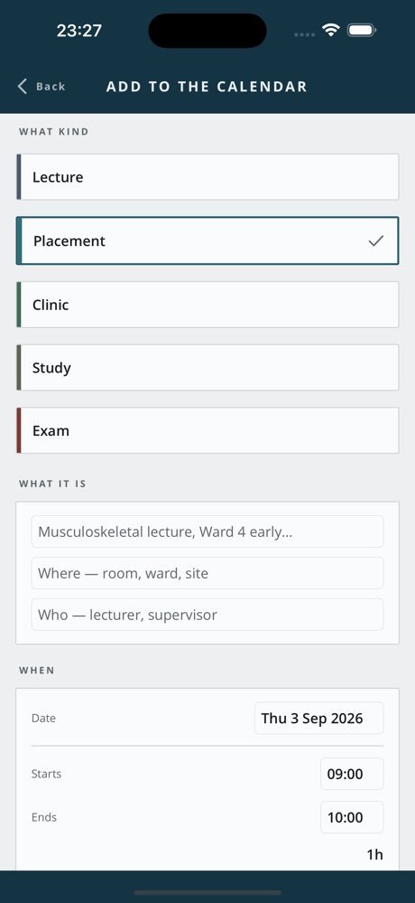 Adding a slot to the calendar in Physio Student