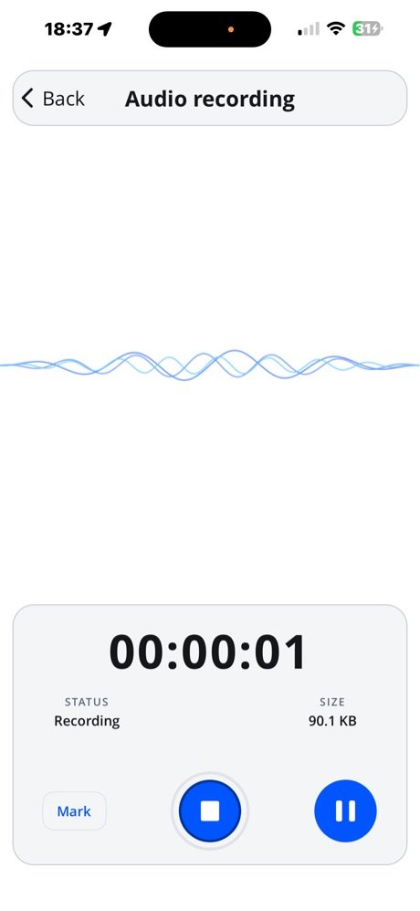 Audio recording in progress showing elapsed time and file size